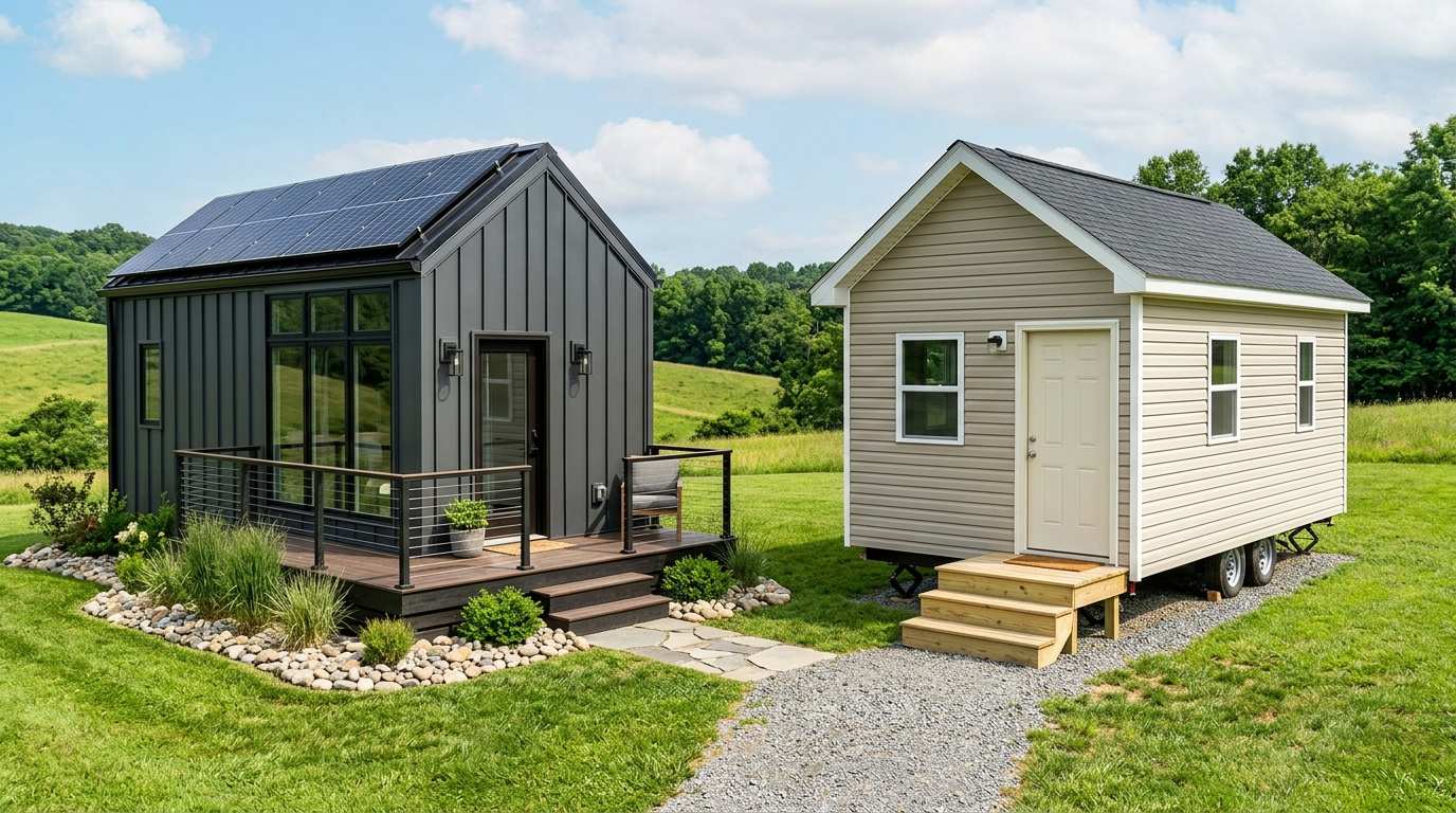 Two tiny houses showing high-end and basic material differences.
