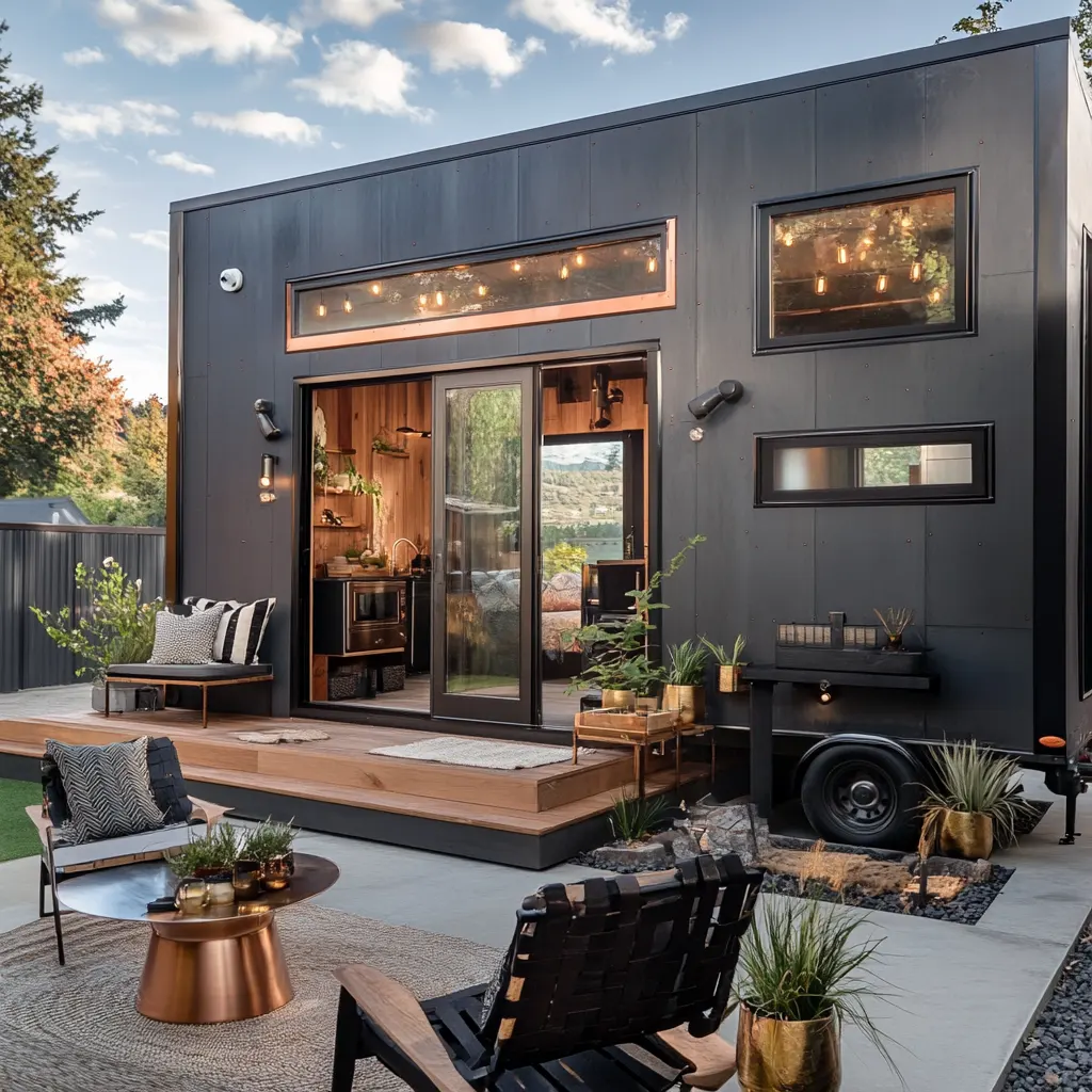 Tiny house on 400 square feet of land with garden and seating area in a rural setting.