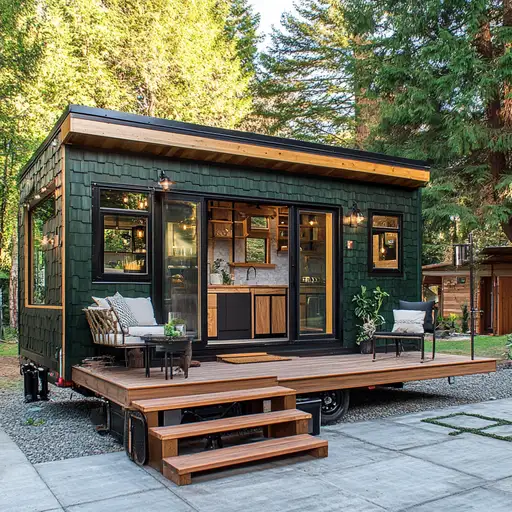 Mobile tiny house by a lake highlighting freedom of movement and outdoor living.