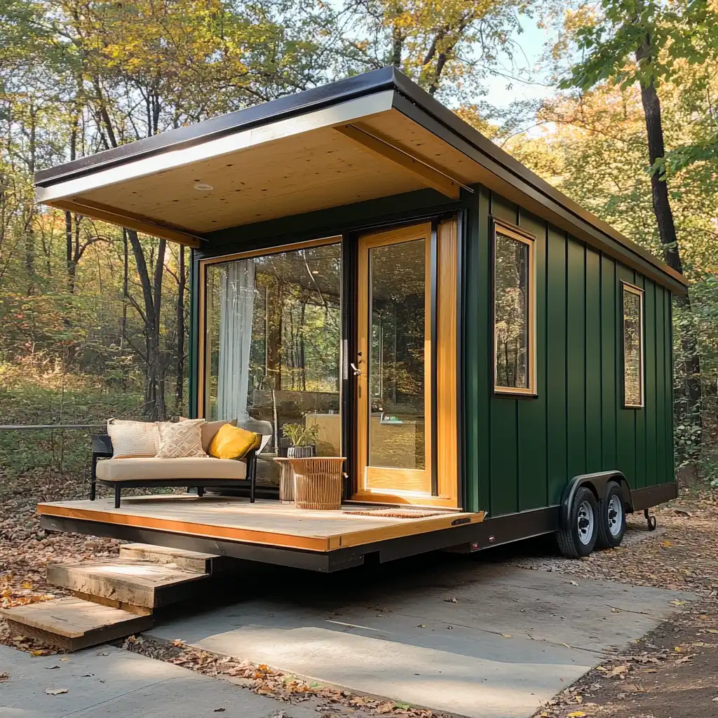 Scenic plot of land with zoning approval sign and tiny house blueprint.