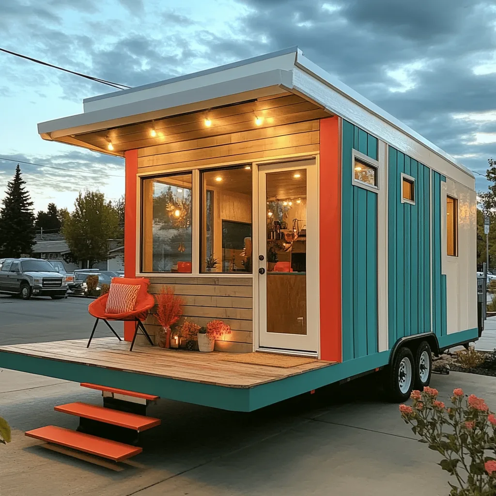 Tiny house on wheels in a green field, emphasizing portability and eco-friendly design.
