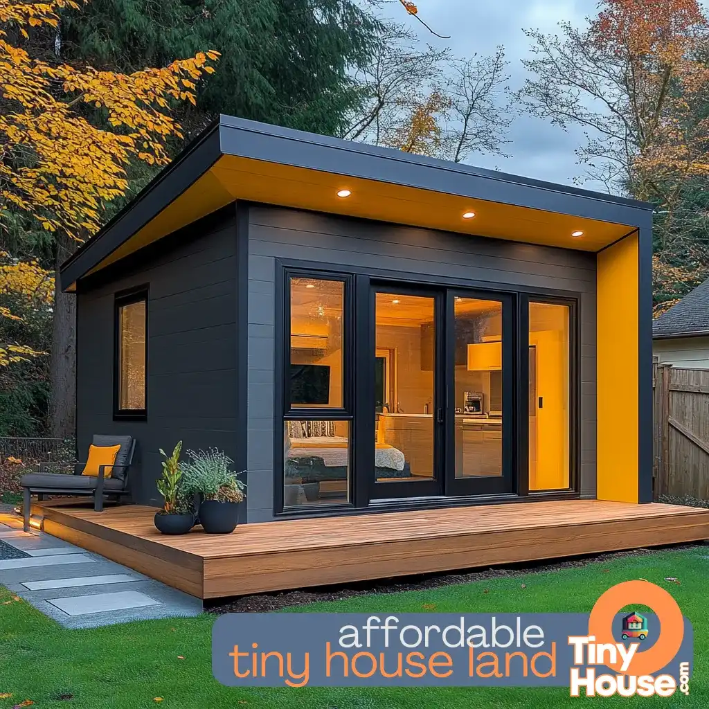 Person researching zoning laws for placing a tiny house in a green, natural setting.