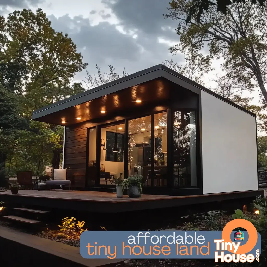 Tiny house with wood siding, solar panels, and a garden surrounded by greenery.