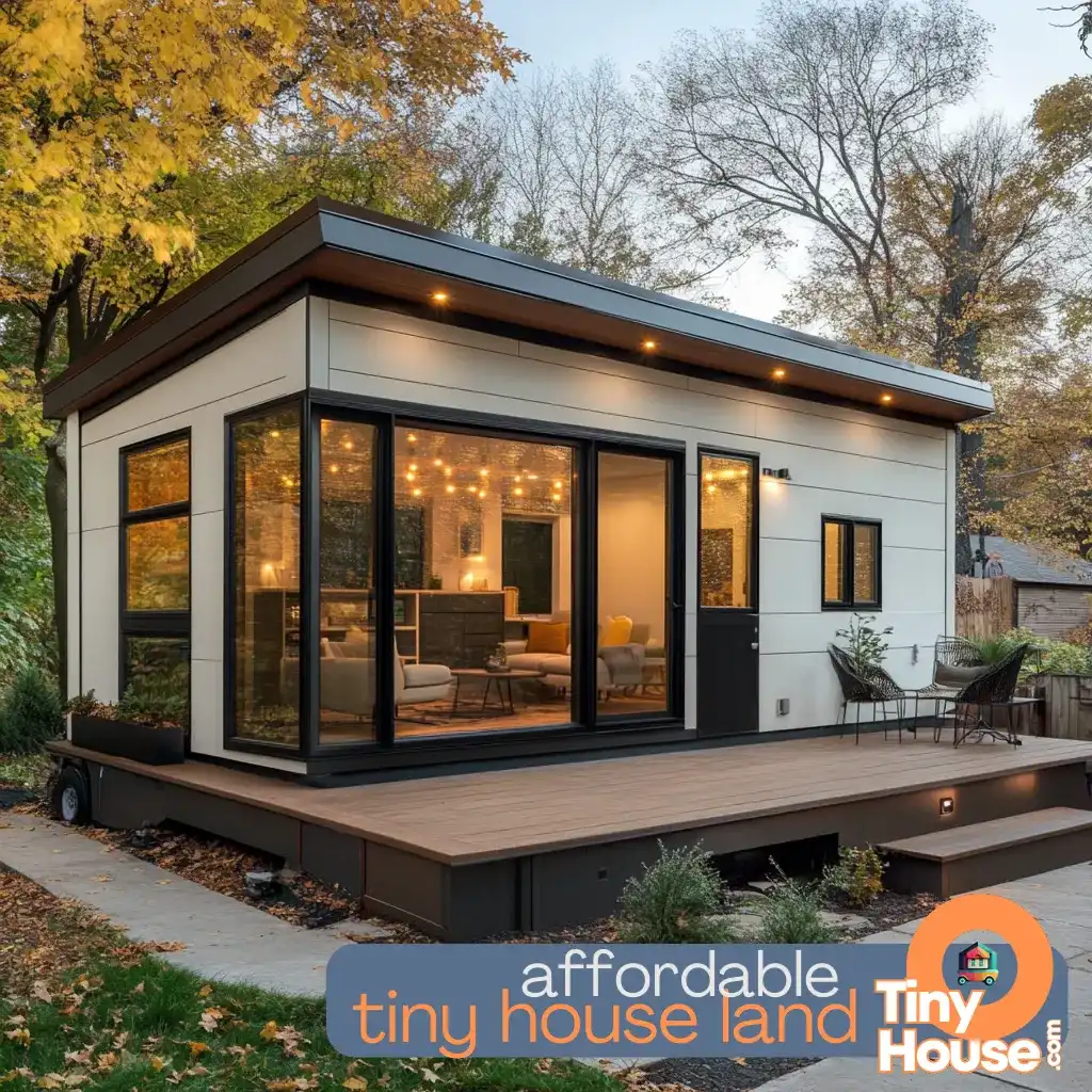 Comparison of tiny house shell and traditional home showing size and sustainability differences.