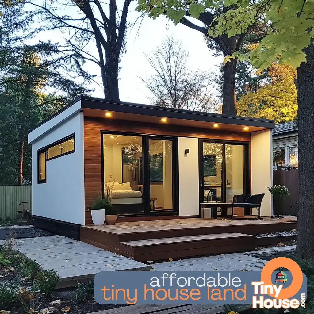 Tiny house on rented land with solar panels and composting toilet for sustainable living.