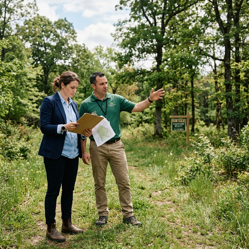 Woman consulting with a real estate agent on land with a 'For Sale' sign in the background.