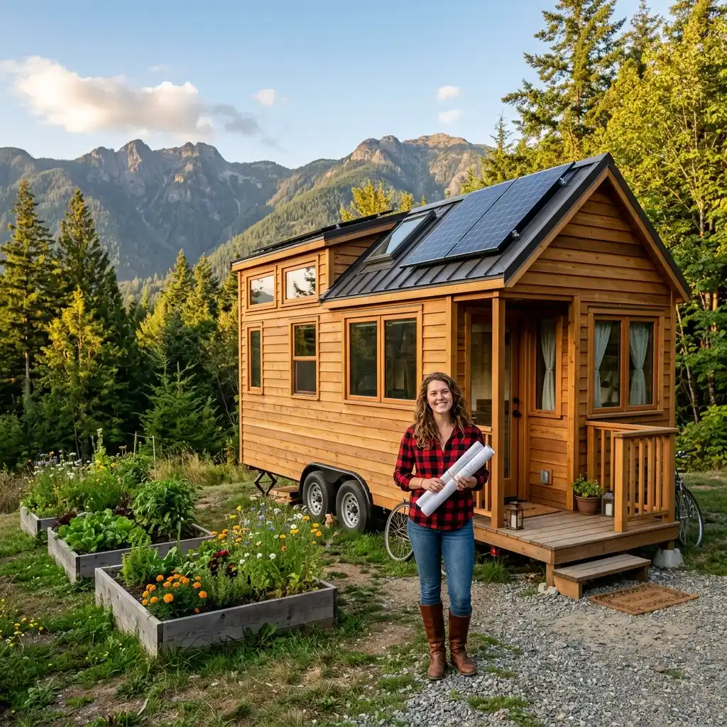 Woman standing by her tiny house on a scenic plot with trees and mountains.
