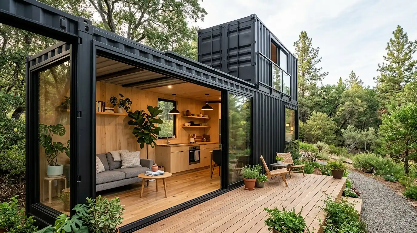 Modern shipping container home with high ceilings, large windows, and a cozy minimalist interior.