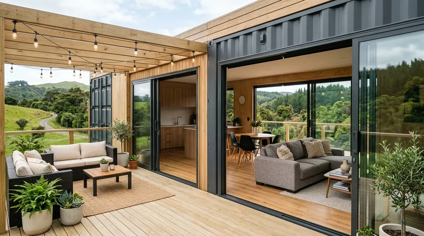 The Helm 3200 shipping container home with a wooden deck, sliding glass doors, and open-concept living space.