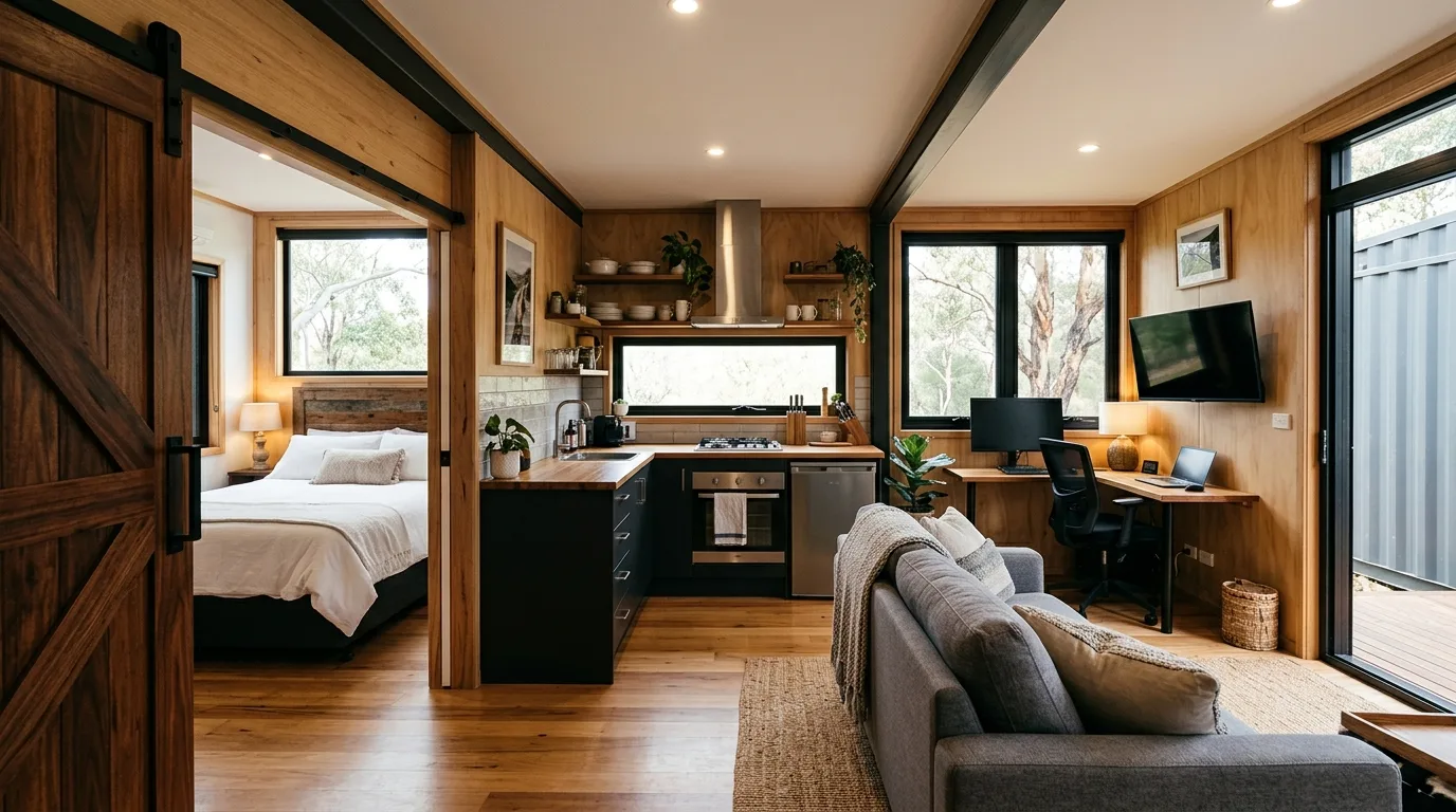The Helm 640 shipping container home with separate bedroom, modern kitchen, and cozy living area.